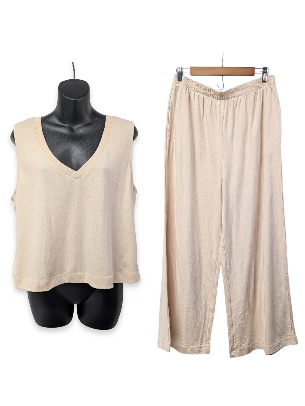 Z Supply Beige Knit Cotton 2 Piece Set V-Neck Tank + Wide Leg Pants Sz L NWT